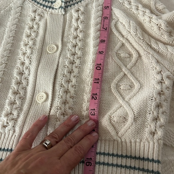 EUC Forever  21 White and Teal Trim Cable Knit Cardigan, size S, cropped. Roomy - Picture 7 of 8